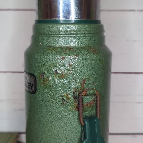 Original Vintage 80's Aladdin STANLEY Olive Green Crackle Vacuum Thermos 32 oz.‎ - Picture 7 of 15